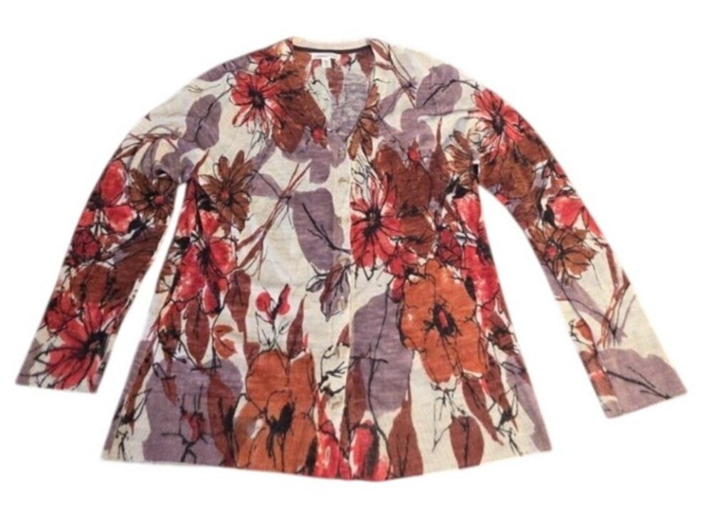 Coldwater Creek Floral Print Cardigan Sweater L 14-16 Red Multi